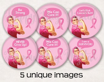 Breast Cancer Awareness "ROSIE - Multi"  Digital Collage Sheet 1.629" Circles for 1-1/4" 1.25 Inch Buttons INSTANT DOWNLOAD