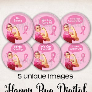 Breast Cancer Awareness &quot;ROSIE - Multi&quot;  Digital Collage Sheet 1.05&quot; Circles for 1&quot; 1 Inch Jewelry INSTANT DOWNLOAD