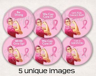 Breast Cancer Awareness "ROSIE - Multi"  Digital Collage Sheet 2.625" Circles for 2-1/4" 2.25 Inch Buttons INSTANT DOWNLOAD