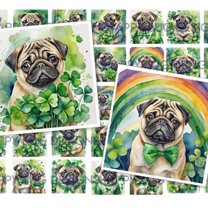May include: A collection of digital images featuring pugs wearing shamrock-themed accessories and surrounded by green shamrocks. The images are perfect for crafting projects, scrapbooking, or digital design.