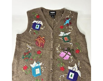 Christmas Sweater Vest Button up Gifts Presents Vintage Holiday Grannycore Large
