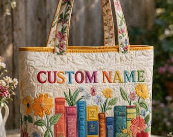 Custom Name Quilted Book Tote Bag, Vintage Books and Flowers Canvas Shoulder Bag, Personalized Bookish Gift for Her, Library Teacher Tote