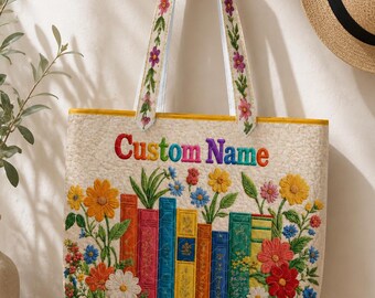 Custom Name Quilted Book Tote Bag, Vintage Books and Flowers Canvas Shoulder Bag, Personalized Bookish Gift for Her, Library Teacher Tote