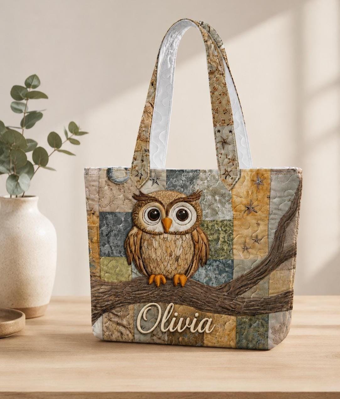 Custom Name Owl Reading Books Quilt Tote Bag, Book Lover Gift Tote, Artistic Owl and Book Stack Bag,