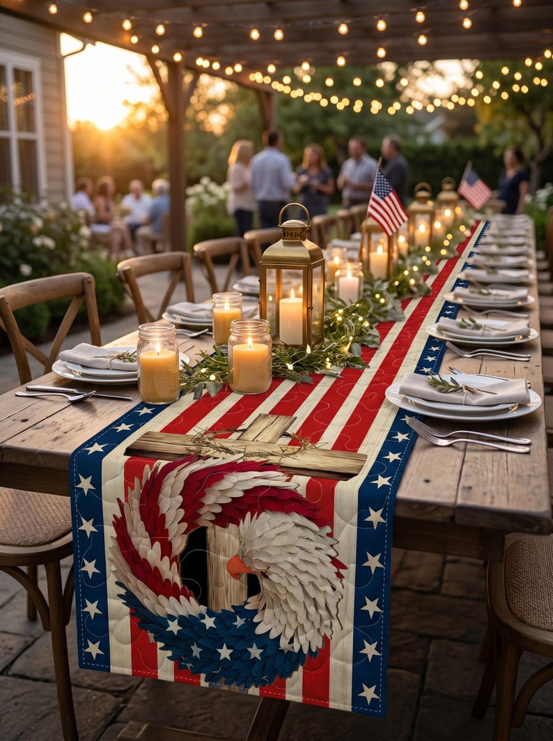 May include: A patriotic table runner with a red, white, and blue design featuring an eagle and stars. The runner is placed on a wooden table set for a gathering, with candles and lanterns adding to the ambiance. The scene is set outdoors.
