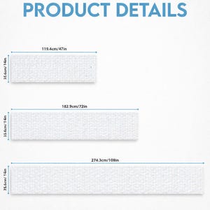 May include: The image displays three white rectangular products with textured surfaces. The dimensions are provided: 47 inches long by 14 inches wide, 72 inches long by 14 inches wide, and 108 inches long by 14 inches wide. The text "PRODUCT DETAILS" is at the top.