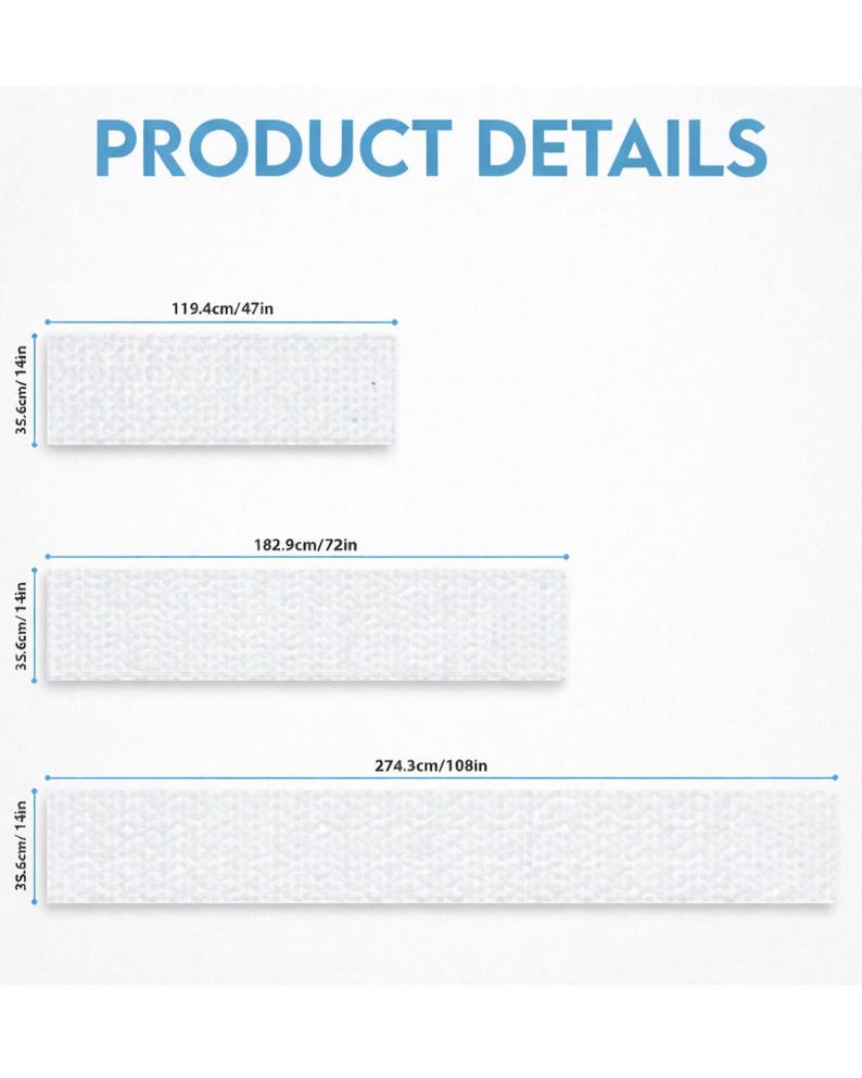 May include: The image displays three white rectangular products with textured surfaces. The dimensions are provided: 47 inches long by 14 inches wide, 72 inches long by 14 inches wide, and 108 inches long by 14 inches wide. The text "PRODUCT DETAILS" is at the top.