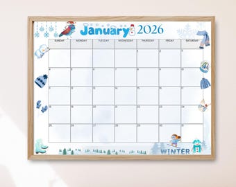 May include: A framed January 2026 calendar with a winter theme. The calendar has a light wood frame, blue text, and winter illustrations like a snowman, bird, and skier. The calendar grid is white with dates and days of the week.