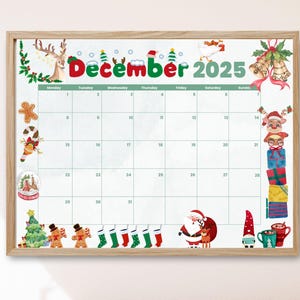 Könnte beinhalten: Ein gerahmter Dezember 2025 Kalender mit Holzrahmen. Der Kalender zeigt festliche Illustrationen zum Thema Weihnachten, darunter Weihnachtsmann, Rentiere, Lebkuchenmänner und Weihnachtsbäume. Das Wort "Dezember" ist in Grün und Rot.