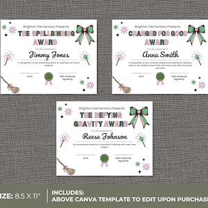 May include: Three award certificates with a magical theme. Each certificate features a green and pink bow, stars, and a wand. The awards are for Jimmy Jones, Anna Smith, and Reese Johnson. The size is 8.5 x 11 inches.