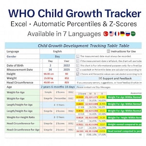 May include: A child growth tracker chart with the title "WHO Child Growth Tracker" and the text "Excel • Automatic Percentiles & Z-Scores." The chart includes data fields for height, weight, and head circumference, with measurements in cm and kg.