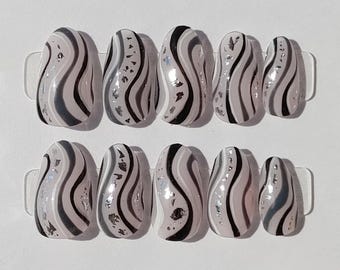 Monochrome swirl - silver leaf - Press On Nails