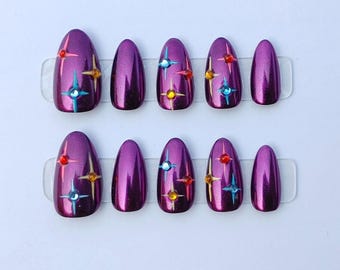 Purple Chrome, Rhinestone Sparkles Press On Nails