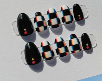 Glitchy checker press on nails - trippy - checkerboard pattern - colourful - optical illusion nails