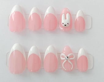Pink Jelly Press On Nails - White French Tip, 3D Miffy or Bow Accent
