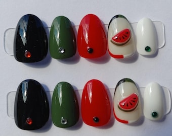 Palestine 3d Watermelon Press On Nails - minimalist rhinestone gems