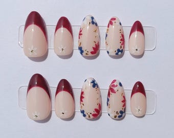 Burgundy French Florals - Gold Leaf - Press On Nails