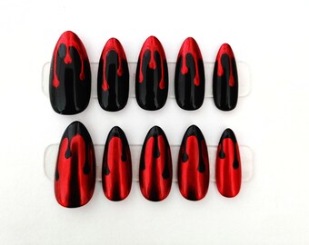 Black and Red Chrome - Drip Art Press On Nails