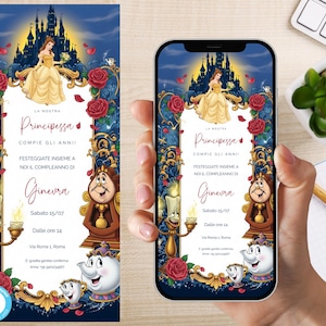 Può includere: Invito digitale a tema principessa, con castello, rose e personaggi. Il testo recita "La Nostra Principessa Compie Gli Anni!" e "Ginevra" con i dettagli dell'evento. Il design è su schermo di telefono e su biglietto stampato.