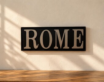 ROME Raised Letter Wall Sign | Black and Silver Dimensional | Italian Travel Decor | 15 Inch Framed Sign