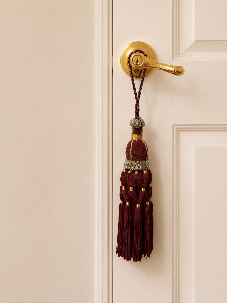 May include: A deep burgundy decorative tassel hanging from a polished gold door handle. The tassel features a braided cord, a rounded top section, and a lower fringe, accented with metallic gold bands and intricate silver-toned beaded detailing.