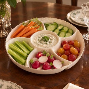 May include: A round, cream-colored ceramic serving platter with five divided sections. The center bowl contains a creamy herb dip, while the surrounding sections hold fresh orange carrots, sliced green cucumbers, celery sticks, red radishes, and cherry tomatoes.
