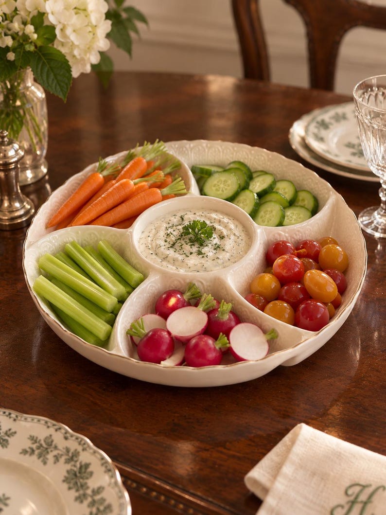 May include: A round, cream-colored ceramic serving platter with five divided sections. The center bowl contains a creamy herb dip, while the surrounding sections hold fresh orange carrots, sliced green cucumbers, celery sticks, red radishes, and cherry tomatoes.