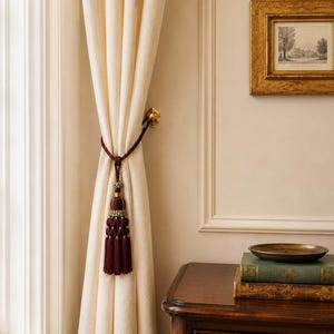May include: A floor-length cream-colored curtain held back by a deep burgundy rope tieback featuring a decorative tassel with gold accents. The curtain is secured to a brass wall-mounted hook, creating a draped effect against the wall.