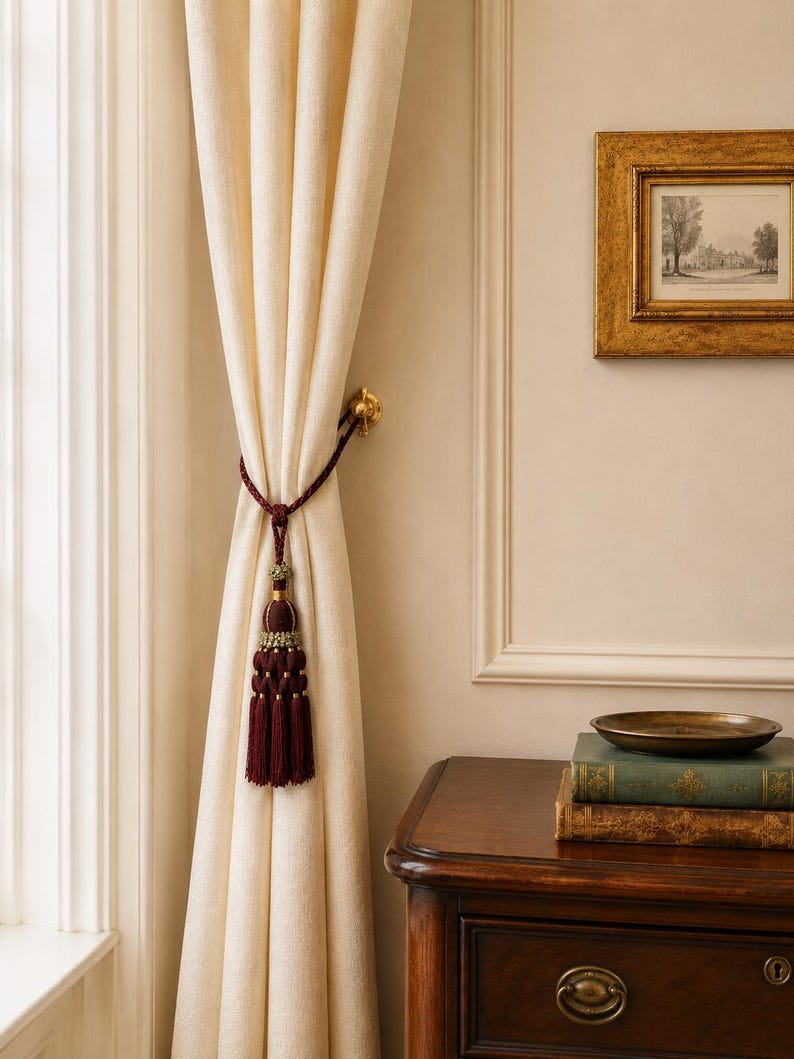 May include: A floor-length cream-colored curtain held back by a deep burgundy rope tieback featuring a decorative tassel with gold accents. The curtain is secured to a brass wall-mounted hook, creating a draped effect against the wall.