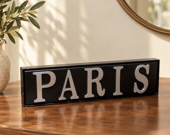 PARIS Black Silver Raised Letter Wall Sign | 20 Inch Gallery Wall Art Shelf Accent