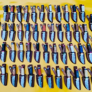 Könnte beinhalten: Sammlung kleiner Messer mit verschiedenen Griffen in Farben wie Braun, Blau und Weiß, jeweils in einer braunen Lederscheide. Die Klingen sind silberfarben und die Griffe aus Holz. Die Messer sind auf einer gelben Oberfläche angeordnet.