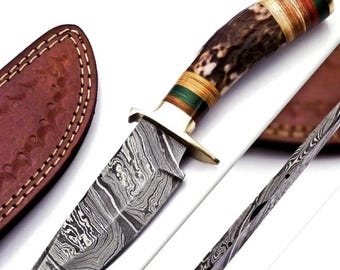 Handmade Damascus Skinning Knives with Leather Sheaths | Stag Antler Handle-Gifts For him