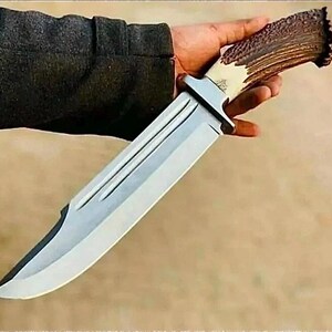 Peut inclure: Un grand couteau de chasse avec une lame argent&eacute;e polie et un manche en corne de cerf. La lame a un tranchant et une rainure d&eacute;corative. Le manche est un m&eacute;lange de marron clair et fonc&eacute;.