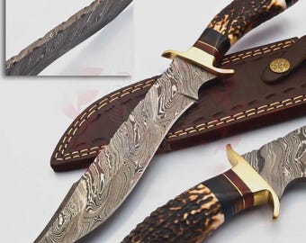 Couteau Bowie Damas fait main | Manche en bois de cerf, étui en cuir
