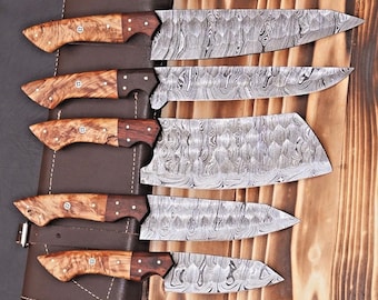 Handgemaakte koksmessenset van damaststaal met leren rol | Keuken- en barbecuemessen | Kookset
