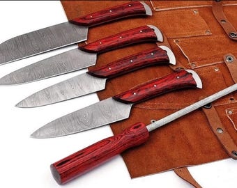 Conjunto de facas de chef personalizadas feitas à mão em damasco para churrasco, cozinha e áreas externas