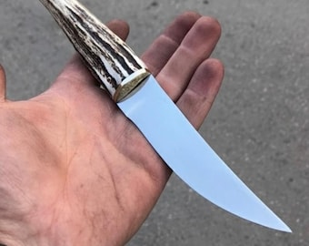 Handmade Damascus Steel Hunting Knife | Stag Antler Handle, Leather Sheath
