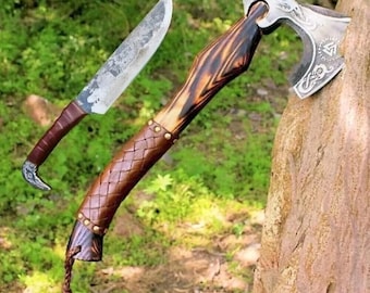 Hand-Forged Viking Axe & Knife Set: Custom Engraved High Carbon Steel-Gift for him
