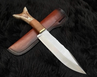 Couteau Bowie fait main | Acier à haute teneur en carbone, manche en bois de cervidé avec étui en cuir-cadeau pour lui