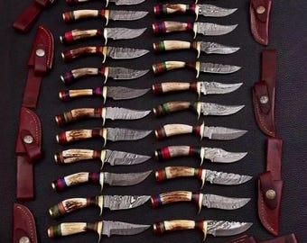 Handmade Damascus Steel Skinner Knives 6” | Stag Handle, Leather Sheath-Camping Hunting Knives