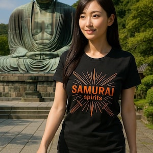 May include: Black t-shirt with the text "SAMURAI spirits" in orange, featuring a sunburst design and crossed swords. The person is standing in front of a large bronze statue of a seated Buddha.