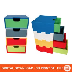 May include: A multi-coloured, stackable storage unit with five drawers in blue, green, grey, red, and yellow. The drawers have a simple design with a cutout handle. The unit is shown assembled and partially disassembled.