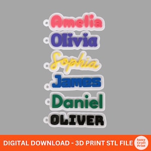 Peut inclure: Plusieurs étiquettes nominatives colorées avec des noms tels que Amelia, Olivia, Sophia, James, Daniel et Oliver. Les noms sont en rose, violet, jaune, bleu, vert et noir, avec une bordure blanche. Le texte « TÉLÉCHARGEMENT NUMÉRIQUE - FICHIER STL D'IMPRESSION 3D » est également présent.