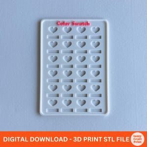 May include: A white rectangular color swatch with heart-shaped cutouts and the text "Color Swatch" in pink. The bottom of the image has the text "DIGITAL DOWNLOAD - 3D PRINT STL FILE".