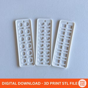 May include: Three white rectangular 3D print stl files with different cut-out designs: circles and rectangles, hearts, and rectangles. The files are arranged on a white surface. The bottom of the image has the text "DIGITAL DOWNLOAD - 3D PRINT STL FILE".