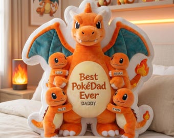 Personalized Best Poke-Dad Ever Pillow, Custom Name Anime Character Dad Pillow, Cartoon Movie Character Kids Throw Pillow, Gift For Father