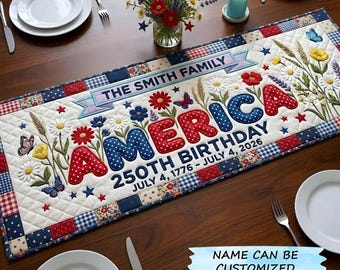 Camino de mesa floral del 250 aniversario de Estados Unidos, camino de mesa del 250 aniversario de EE. UU., decoración patriótica 1776-2026, decoración para el comedor del Día de la Independencia.
