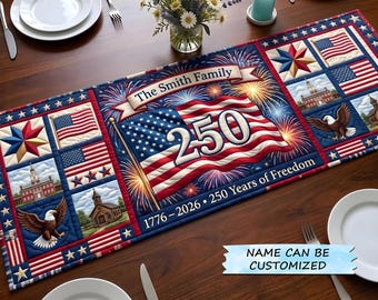 Camino de mesa "250 años de libertad en Estados Unidos", Camino de mesa del 250 aniversario de EE. UU., Decoración patriótica 1776-2026, Decoración para el comedor del Día de la Independencia