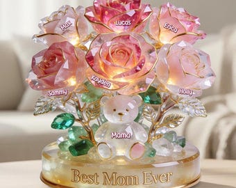 Placa plana 2D personalizada con diseño de oso de flores para mamá, placa con nombre personalizado para mamá e hijos, regalo para el Día de la Madre, estatua familiar para decoración del hogar