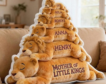 Almohada personalizada con forma de Madre de Pequeños Reyes, almohada de peluche adorable con nombre personalizado de mamá león y niños, almohada decorativa para el Día de la Madre, regalo para mamá.
